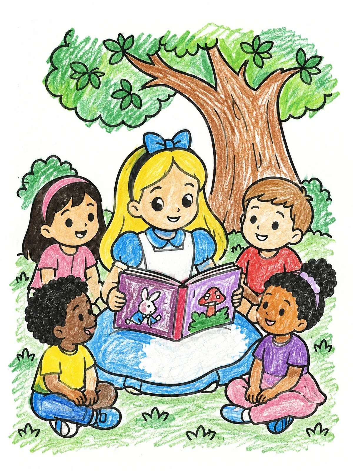 Colored example of the Alice Reading Stories Under A Tree coloring page