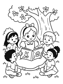 Free printable Alice Reading Stories Under A Tree coloring page