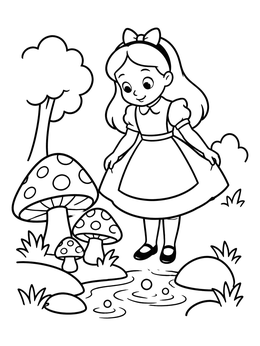 Free printable Alice Standing By Giant Mushrooms coloring page