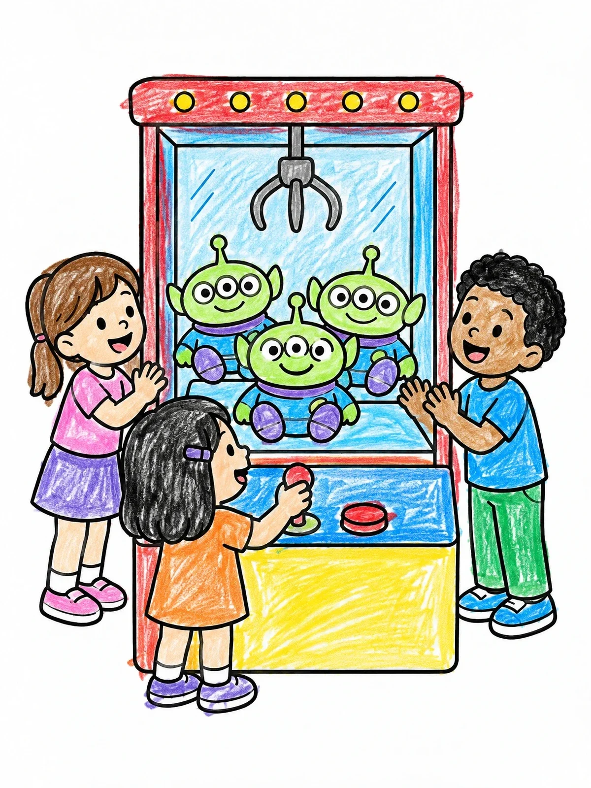 Colored example of the Kids Playing Alien Claw Machine coloring page