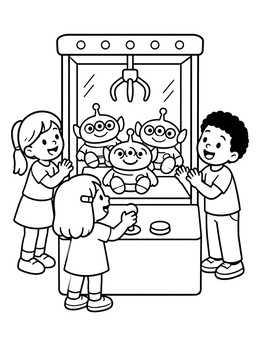 Children playing an arcade claw game with alien prizes in this toy coloring page.