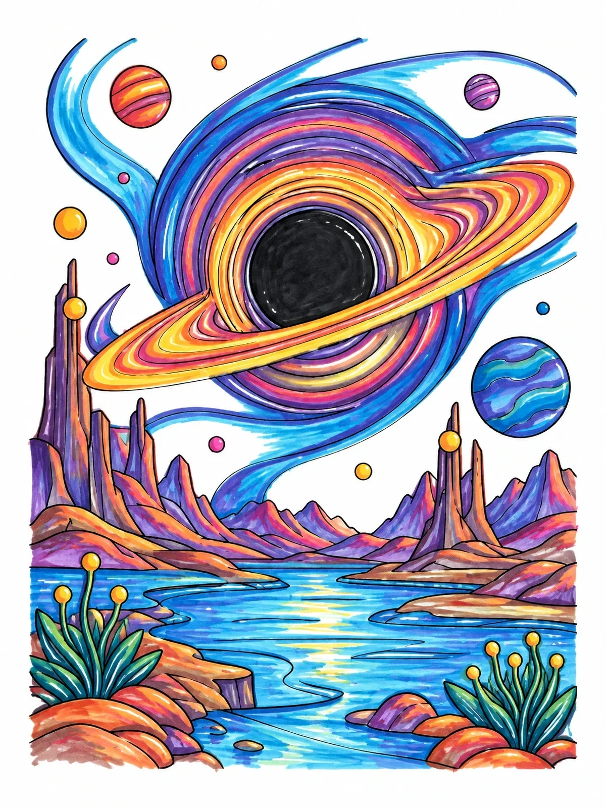 Colored example of the Alien Landscape With Black Hole coloring page
