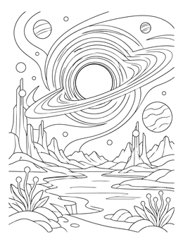 Free printable Alien Landscape With Black Hole coloring page