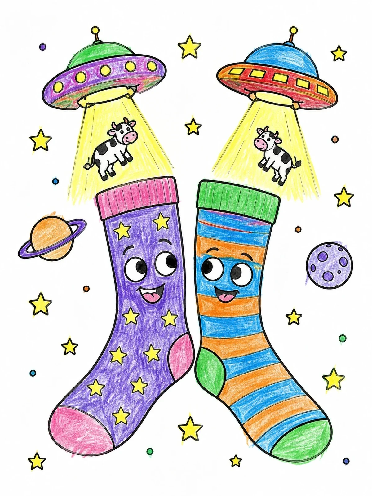 Colored example of the Alien Ufo And Cute Socks coloring page