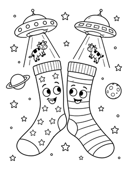 Playful socks coloring page with flying saucers beaming up cows in outer space.