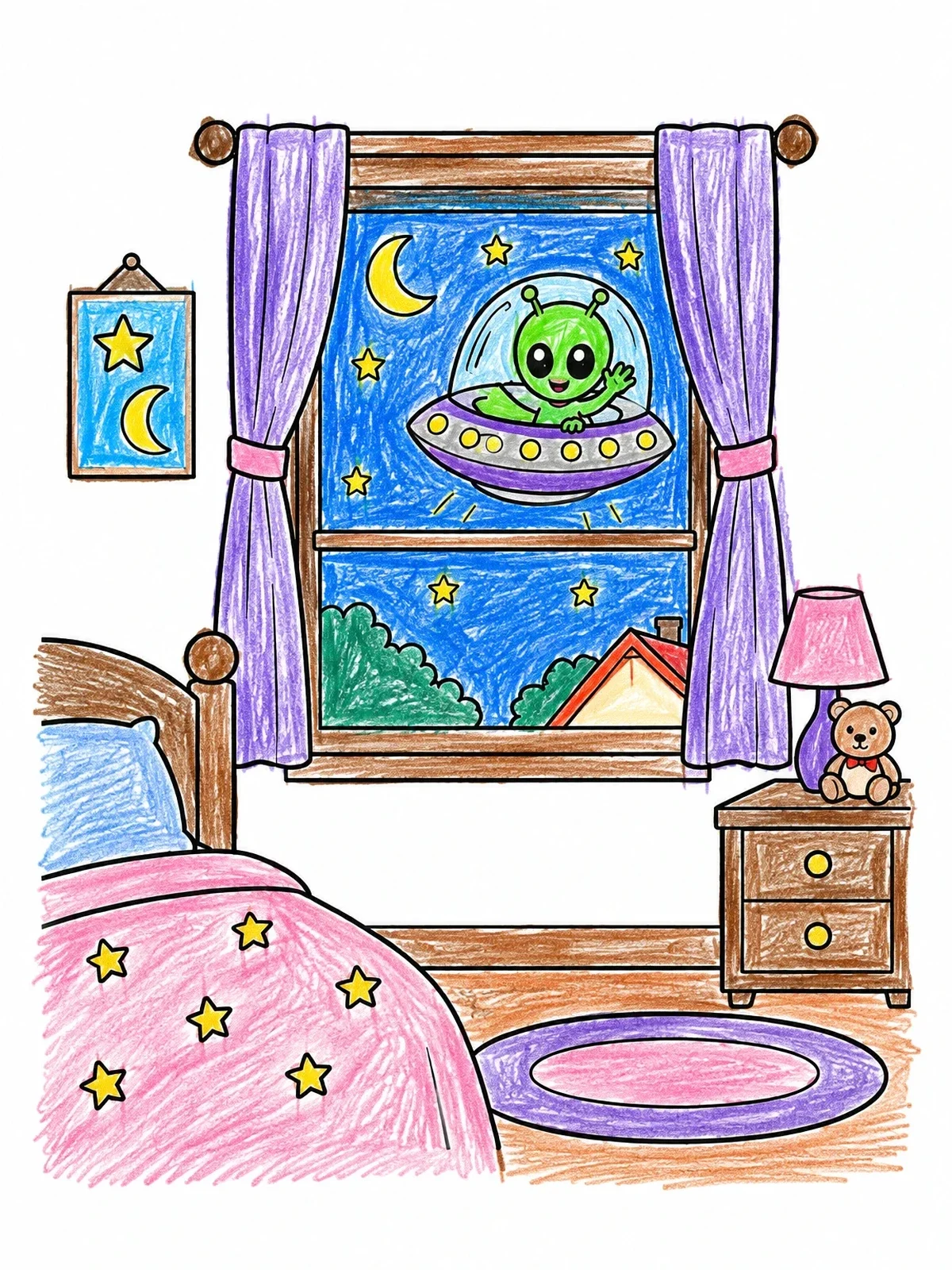 Colored example of the Alien Waving Outside The Bedroom Window coloring page