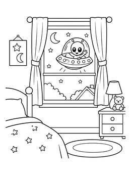 Free printable Alien Waving Outside The Bedroom Window coloring page