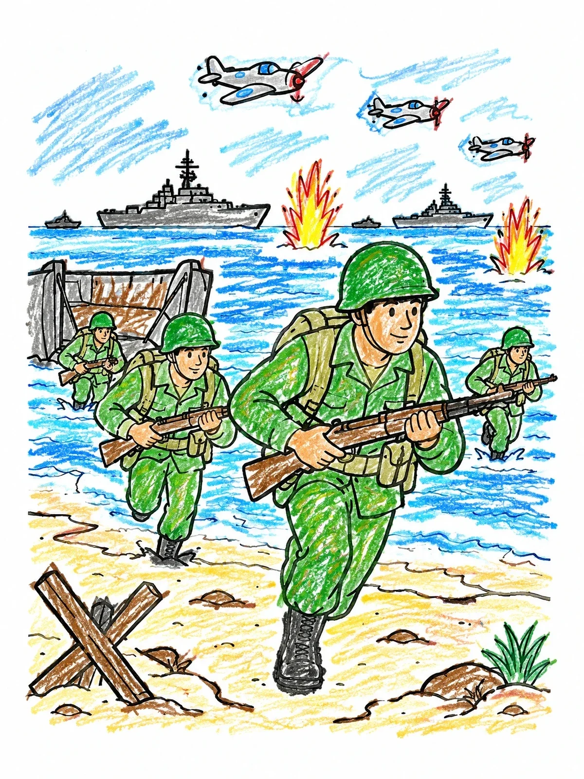 Colored example of the Allied Soldiers Landing On The Beach coloring page