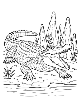 An alligator rests with an open mouth by the water in this alligator coloring page.