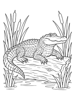 An alligator coloring page showing a detailed reptile resting on a log among swamp cattails.