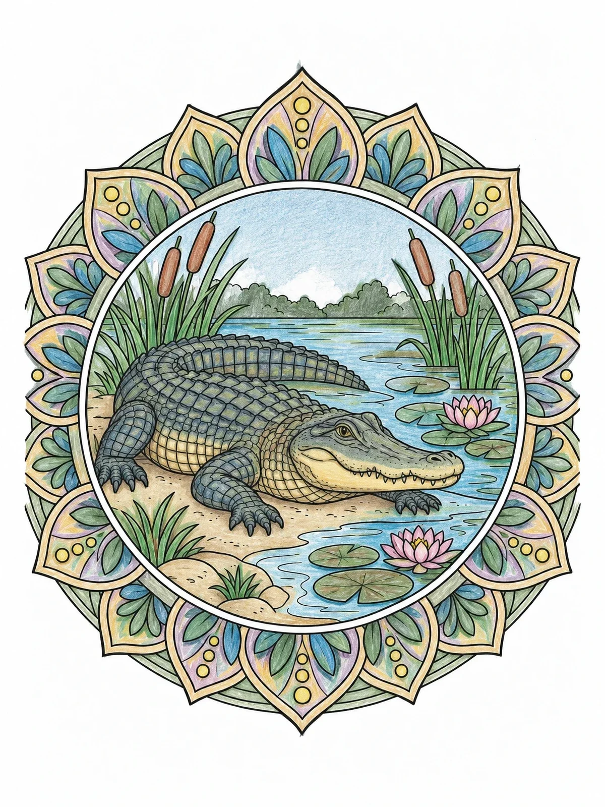 Colored example of the Alligator Mandala In Swamp coloring page