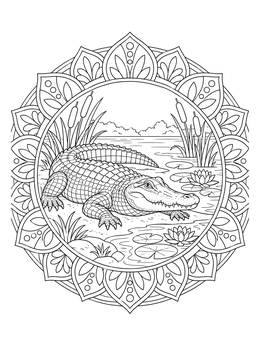 An alligator rests by lily pads inside an ornate frame on this alligator coloring page.