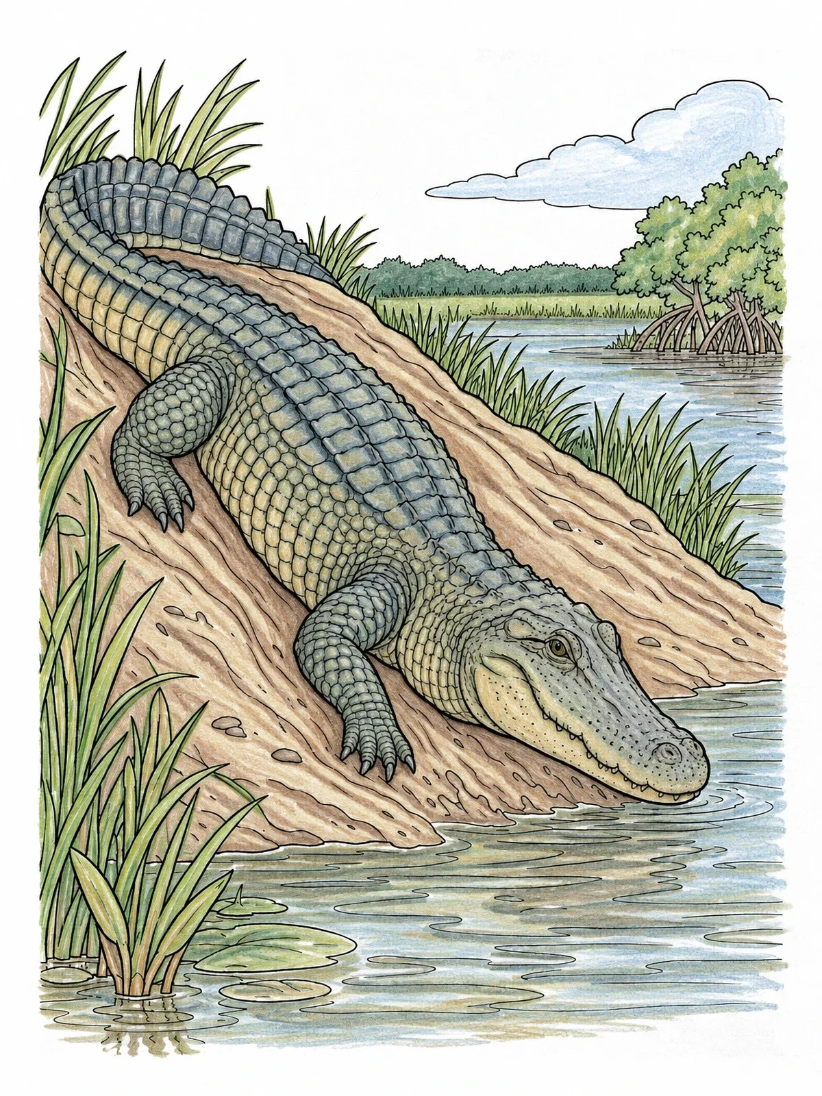 Colored example of the Alligator Sliding Down Riverbank coloring page