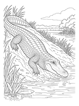 A detailed alligator coloring page featuring an alligator sliding into wetland waters from a riverbank.