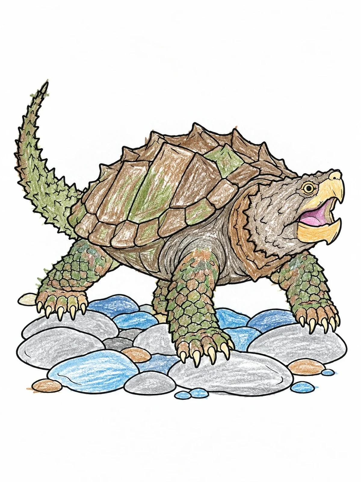 Colored example of the Alligator Snapping Turtle On River Stones coloring page
