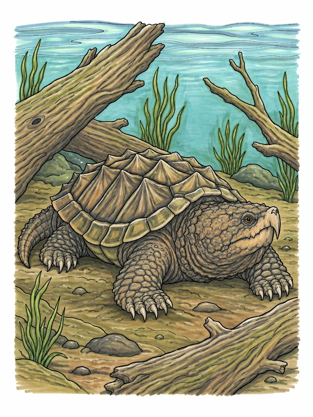 Colored example of the Alligator Snapping Turtle Resting Underwater coloring page