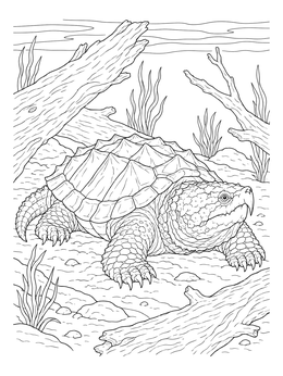 An alligator snapping turtle coloring page featuring sharp claws, spiked shell, and riverbed driftwood.