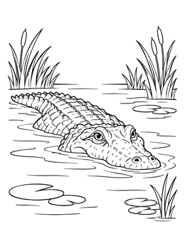 An alligator coloring page showing the reptile floating quietly in calm marsh waters surrounded by reeds.