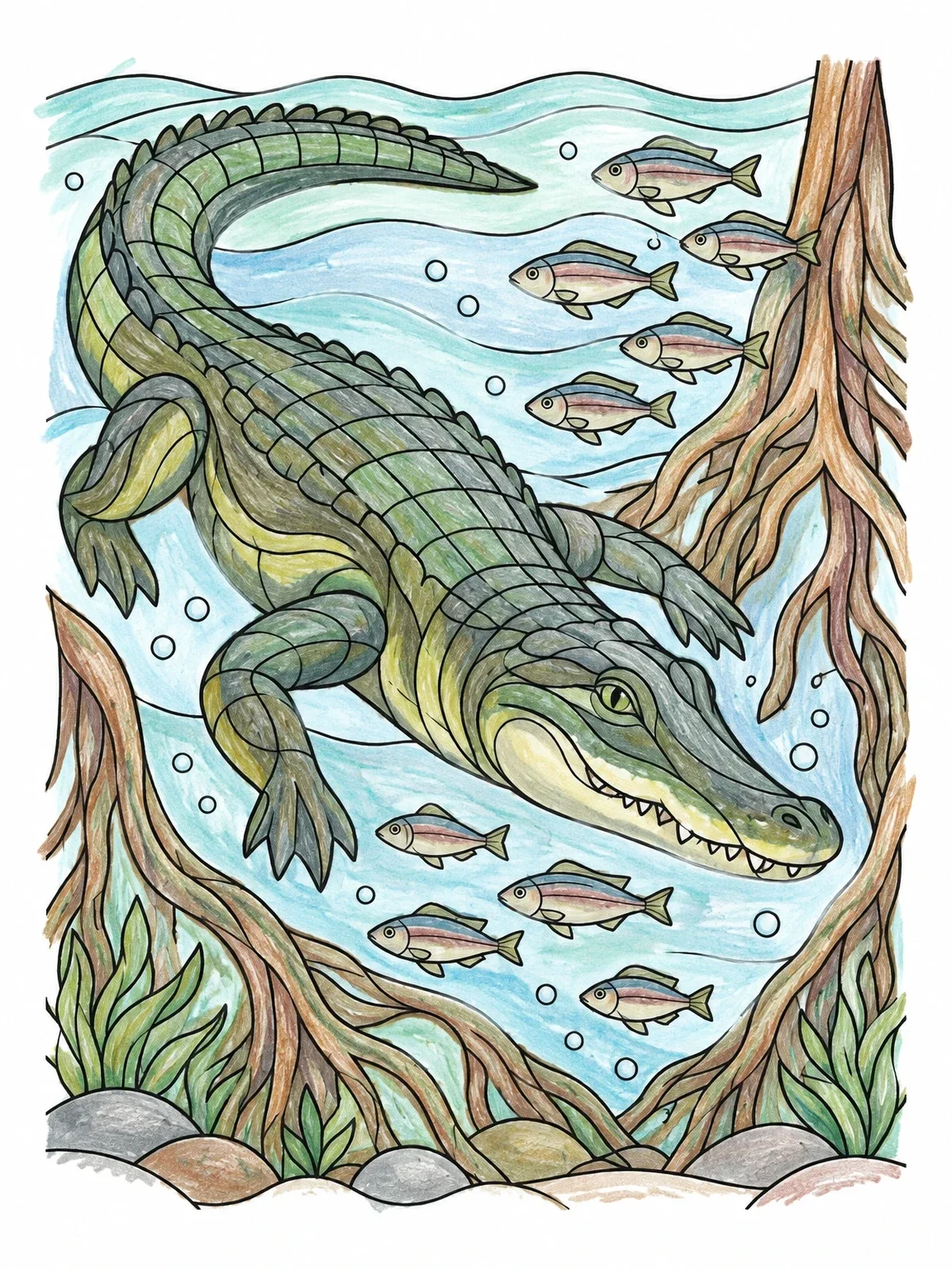 Colored example of the Alligator Swimming With River Fish coloring page