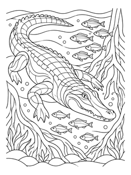 An underwater alligator coloring page surrounded by schooling fish and submerged roots.