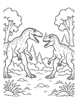 An intense allosaurus coloring page showing an Allosaurus confronting a horned Ceratosaurus in a forest.