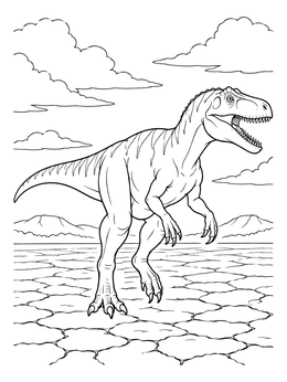 An allosaurus coloring page showing the dinosaur standing on cracked mud beneath a cloudy sky.
