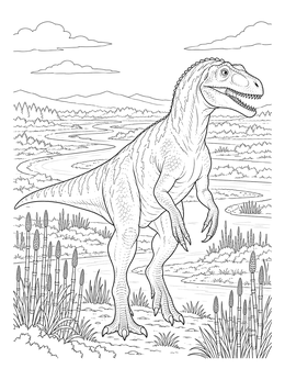 An allosaurus coloring page showing the predator standing beside a winding river with prehistoric plants.