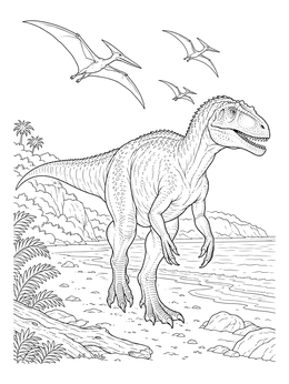 Detailed allosaurus coloring page with pterosaurs soaring over a coastal beach landscape.