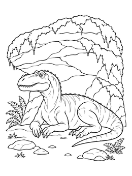 An allosaurus coloring page showing the prehistoric dinosaur resting beneath a rocky overhang.