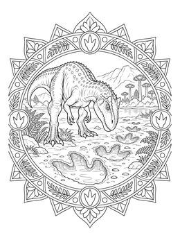 An allosaurus coloring page framed in a mandala shows the dinosaur tracking huge muddy footprints.