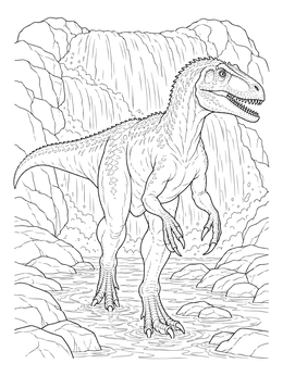 An allosaurus coloring page showing the predator wading through a stream by a waterfall.