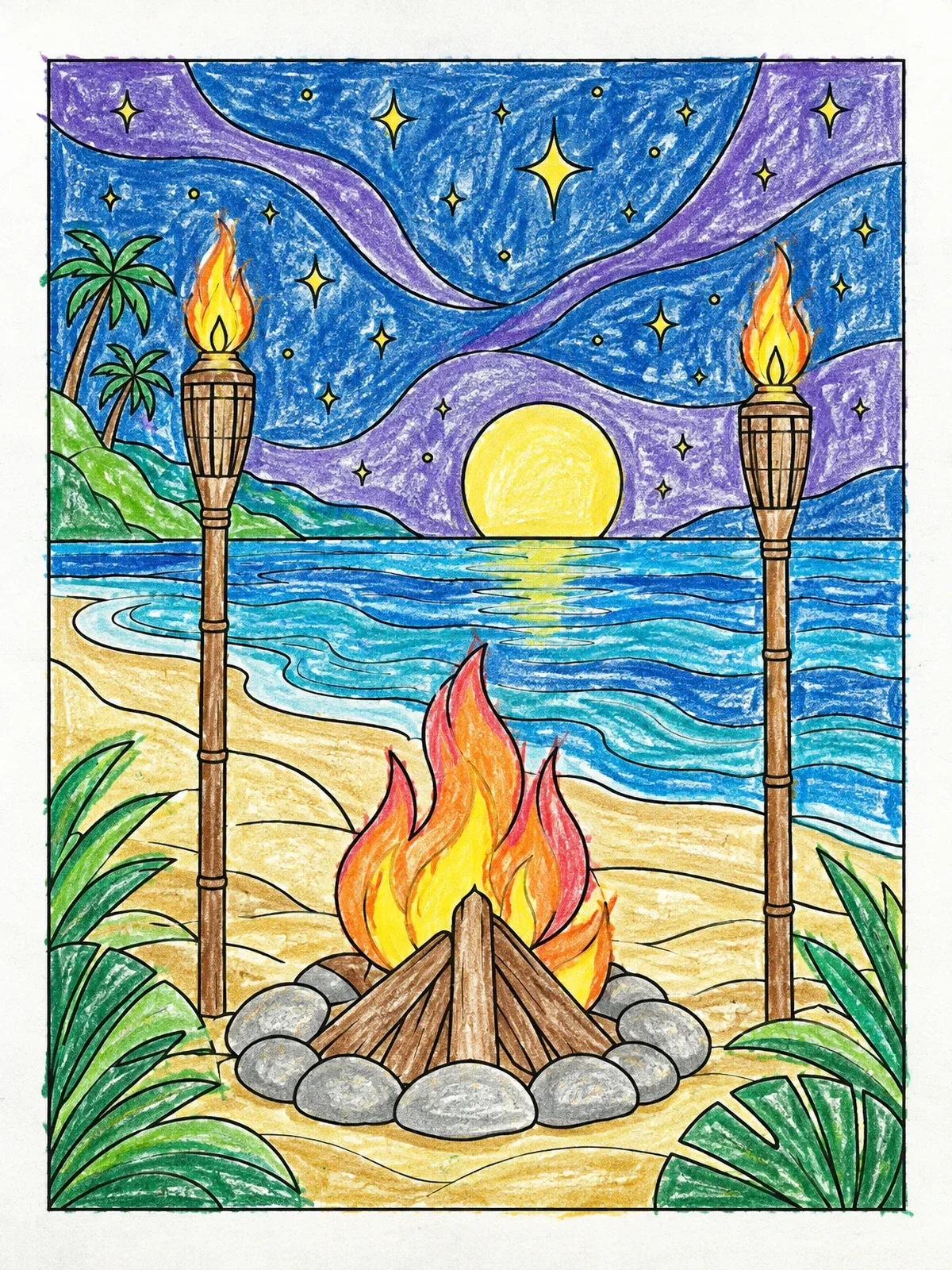 Colored example of the Beach Bonfire Under Night Sky coloring page