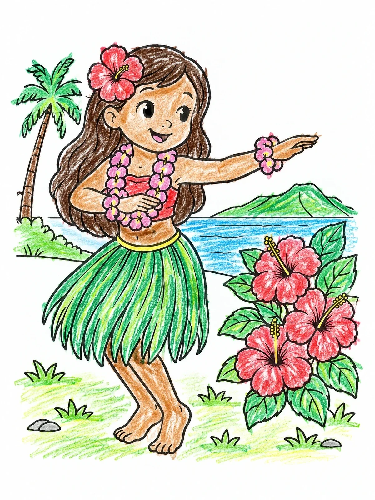 Colored example of the Cute Hula Dancer By The Beach coloring page