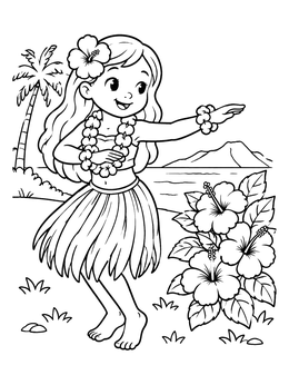 Free printable Cute Hula Dancer By The Beach coloring page