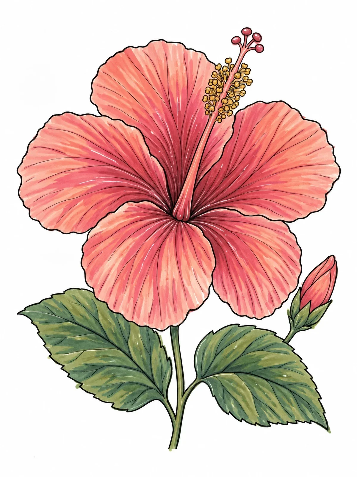 Colored example of the Detailed Hawaiian Hibiscus Blossom coloring page