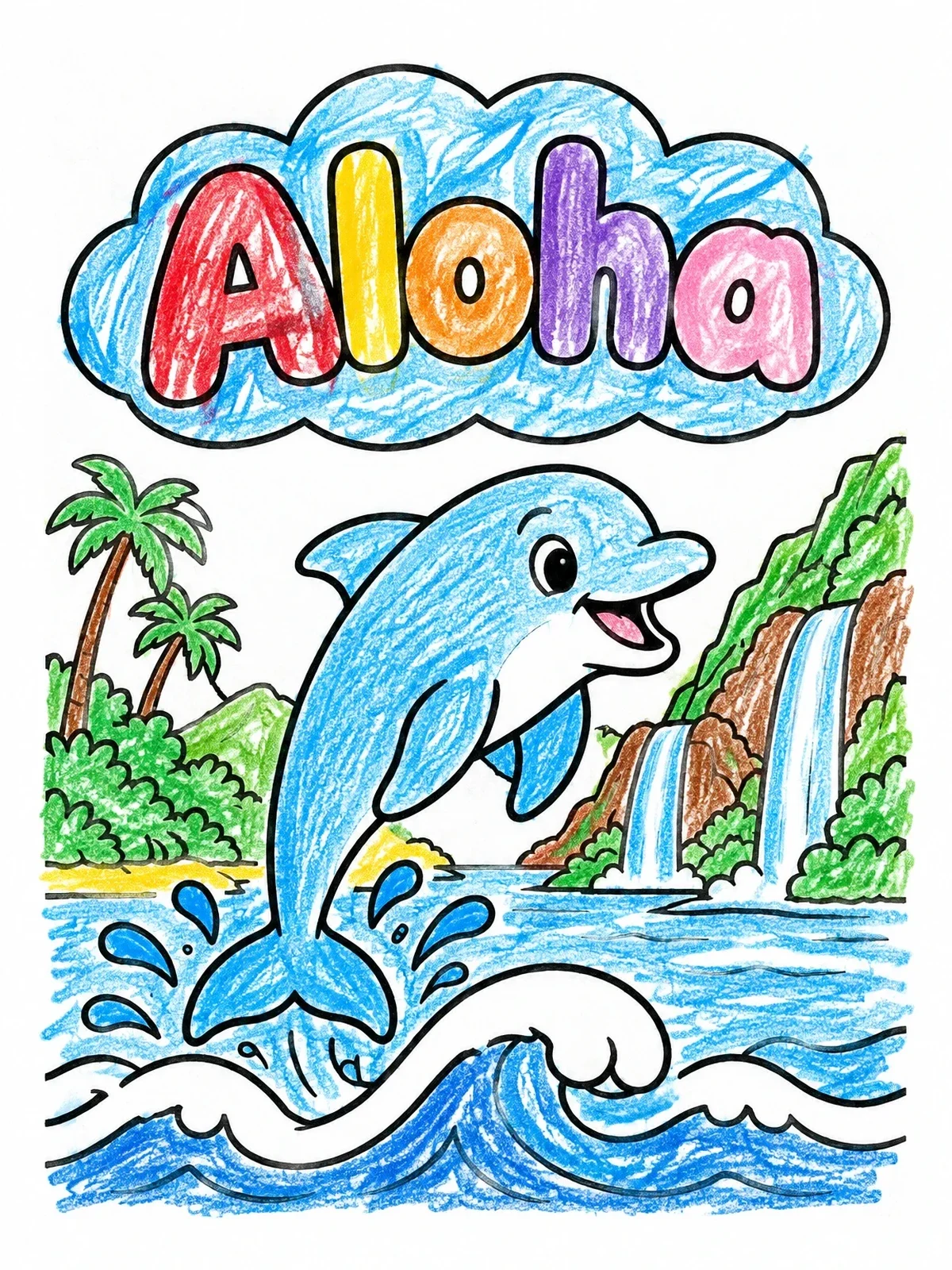 Colored example of the Aloha Dolphin Jumping Over Waves coloring page
