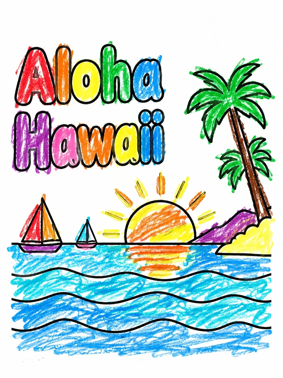 Colored example of the Aloha Hawaii Ocean Sunset Scene coloring page