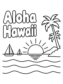 Free printable Aloha Hawaii Ocean Sunset Scene coloring page