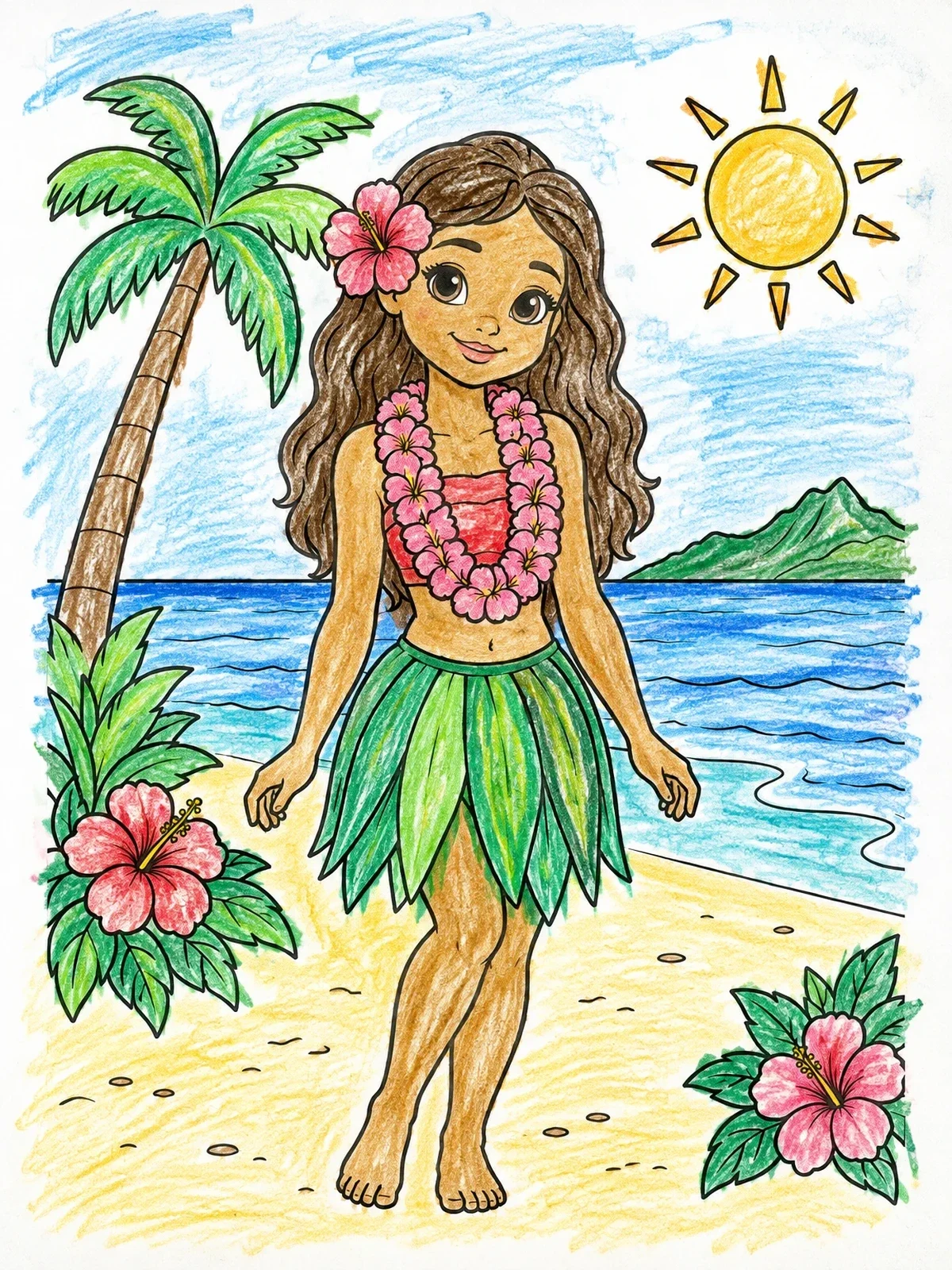 Colored example of the Hawaiian Beach Girl With Flower Lei coloring page