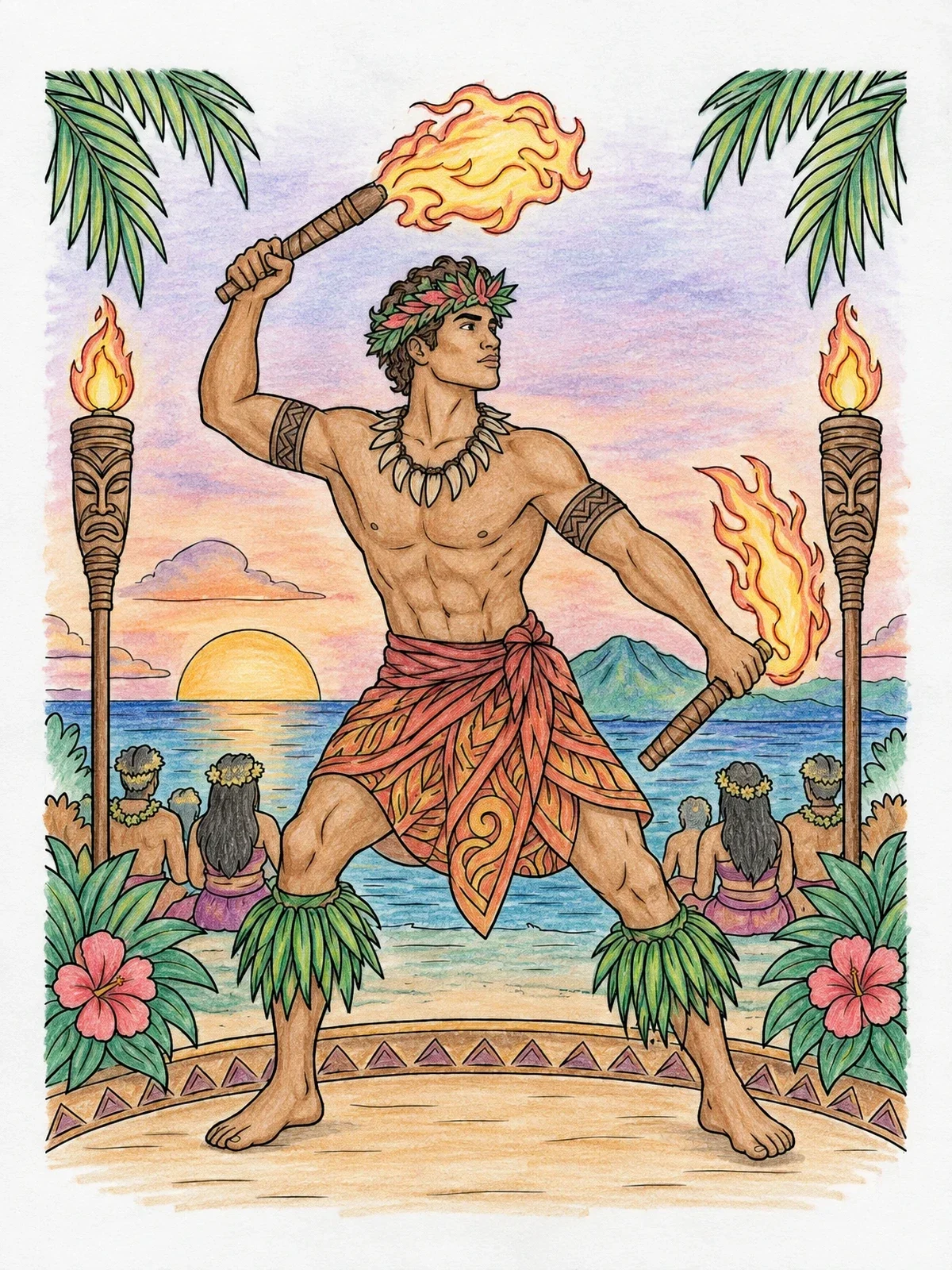 Colored example of the Hawaiian Fire Dancer By The Ocean coloring page