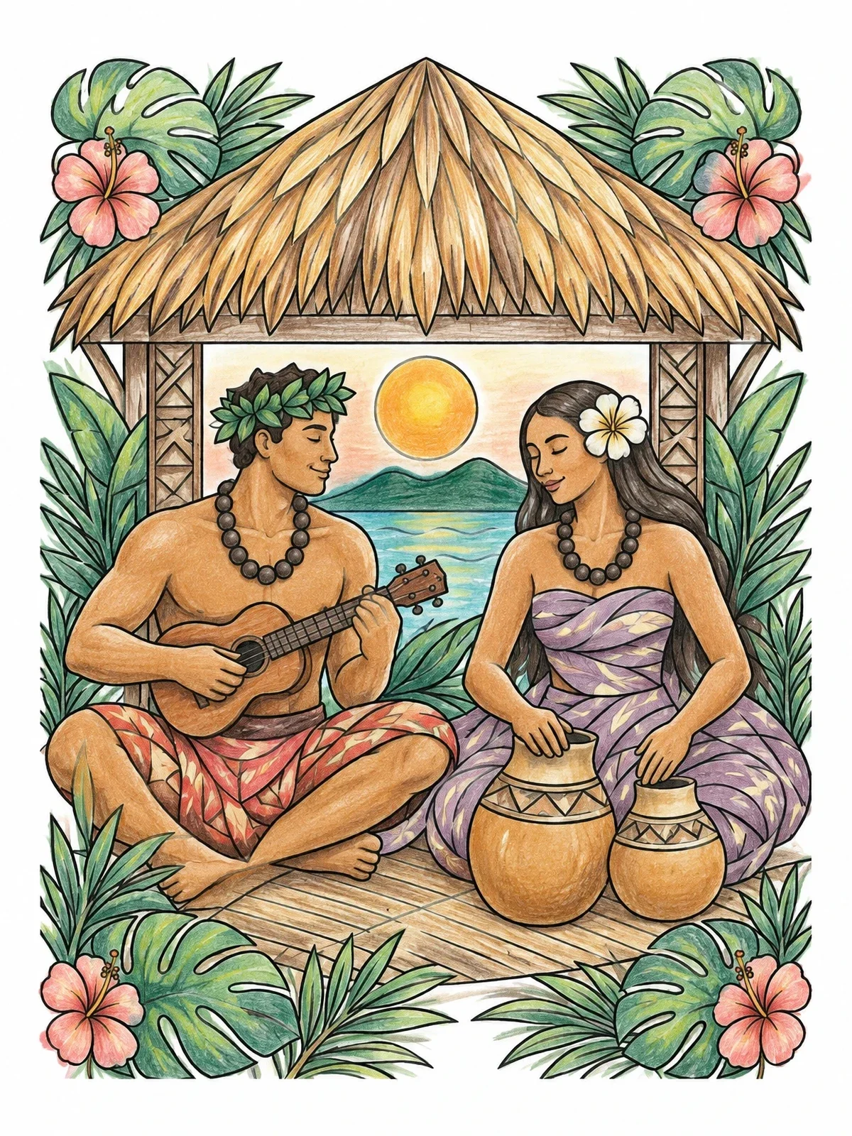 Colored example of the Hawaiian Musicians Under Thatched Hut coloring page