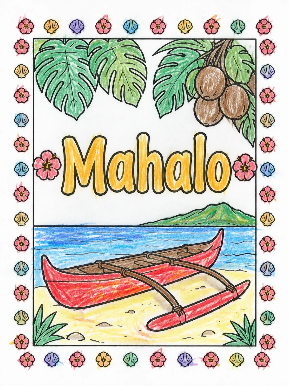 Colored example of the Hawaiian Outrigger Canoe And Mahalo Lettering coloring page