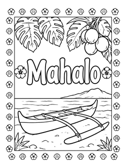 Free printable Hawaiian Outrigger Canoe And Mahalo Lettering coloring page