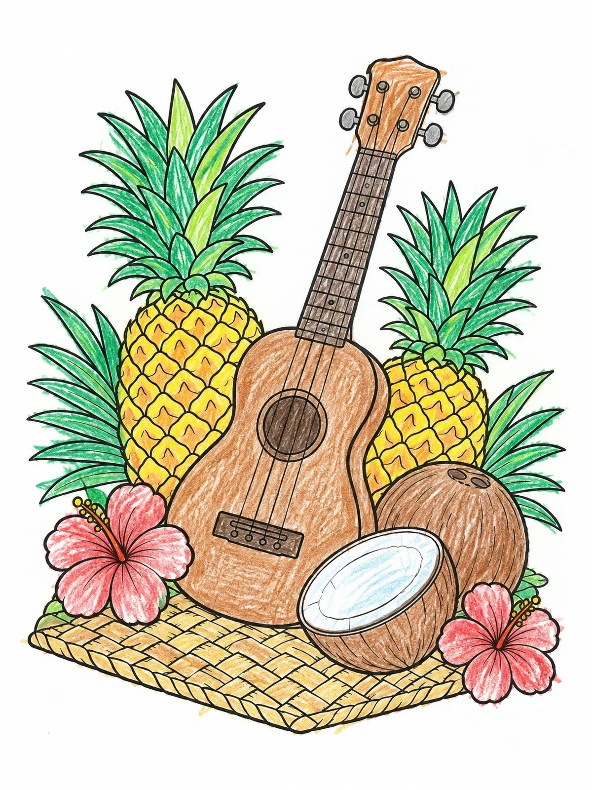 Colored example of the Hawaiian Ukulele And Tropical Fruits coloring page
