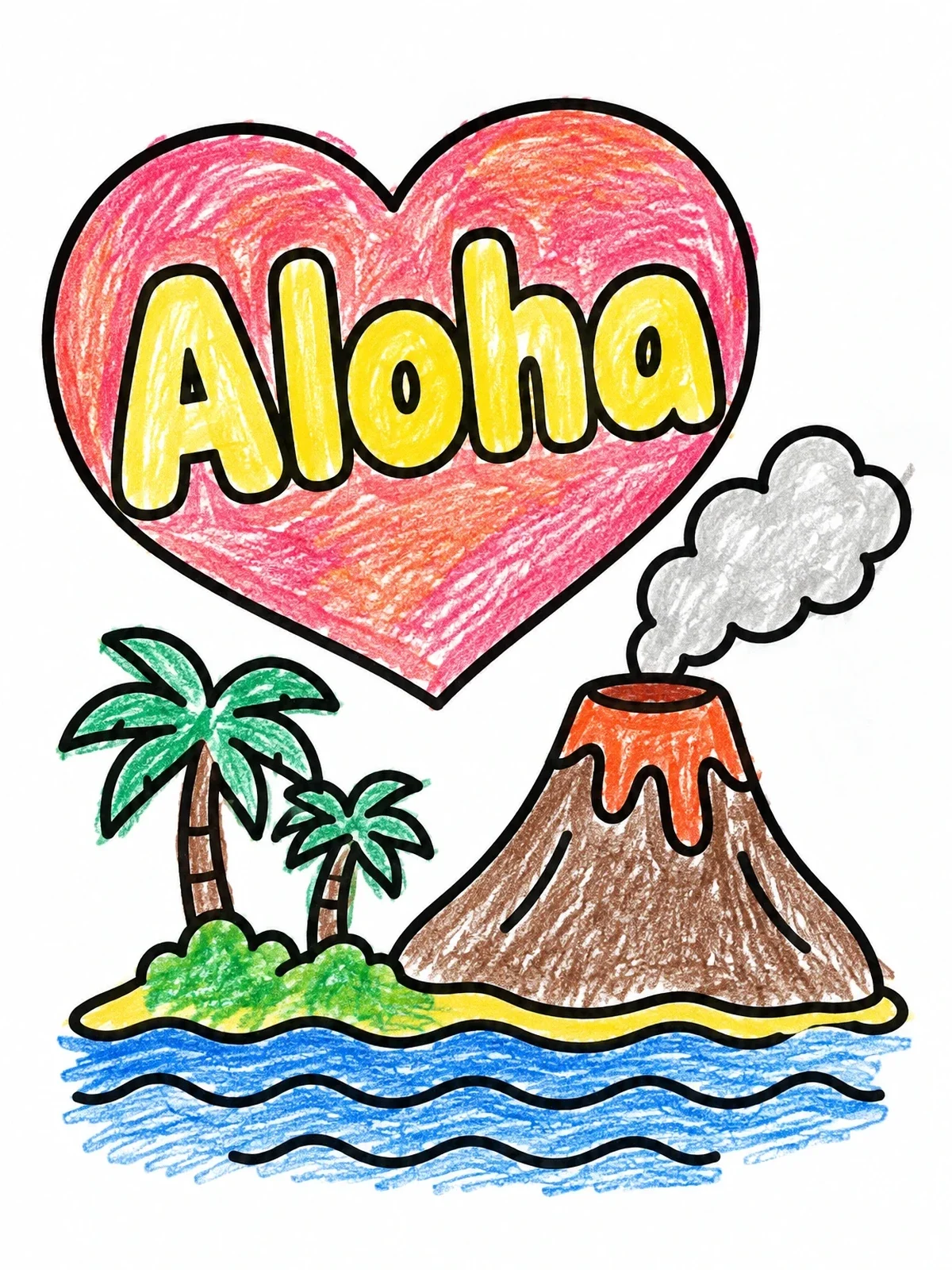 Colored example of the Aloha Heart Volcano Island coloring page