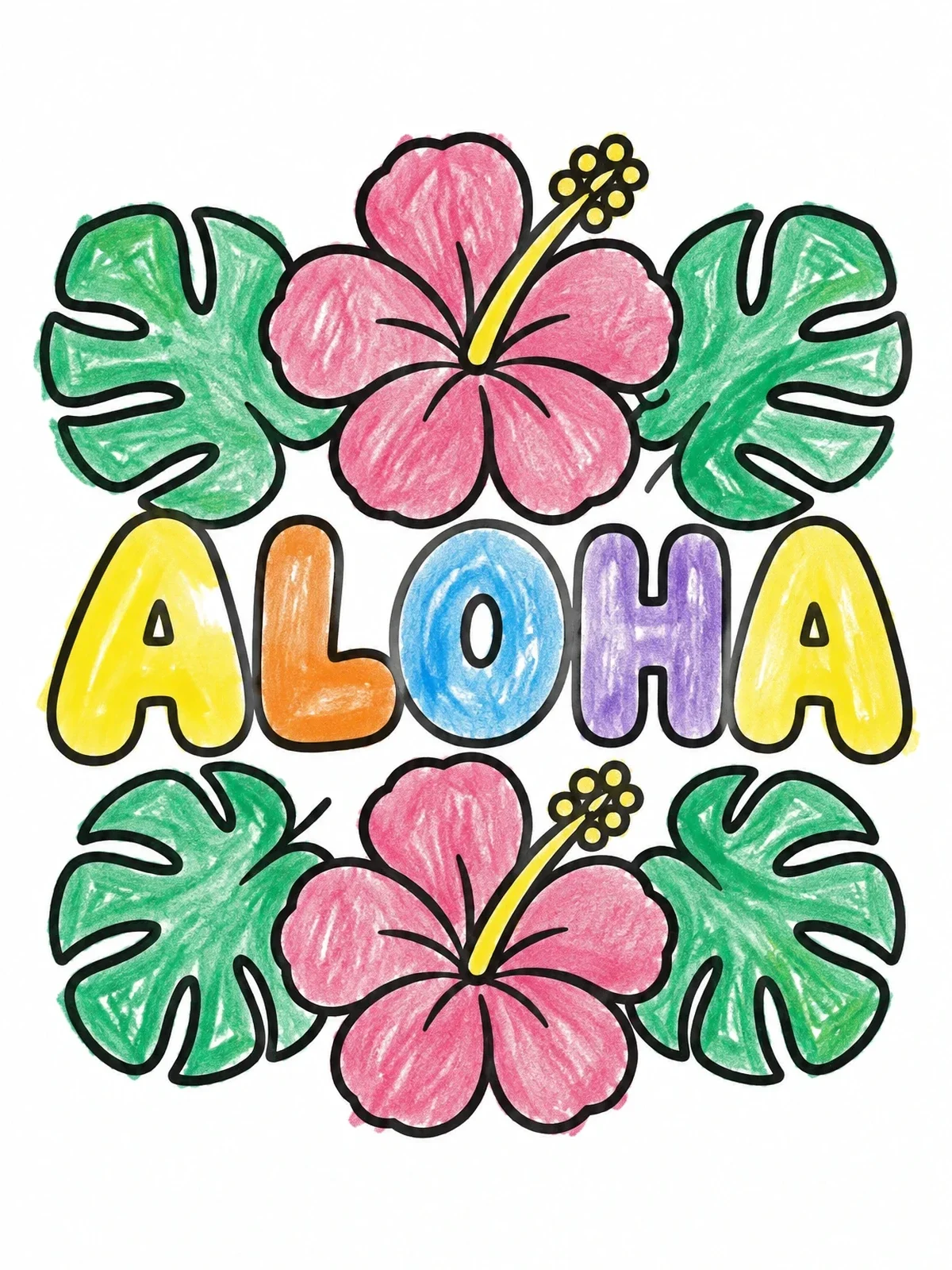 Colored example of the Aloha With Hibiscus And Leaves coloring page