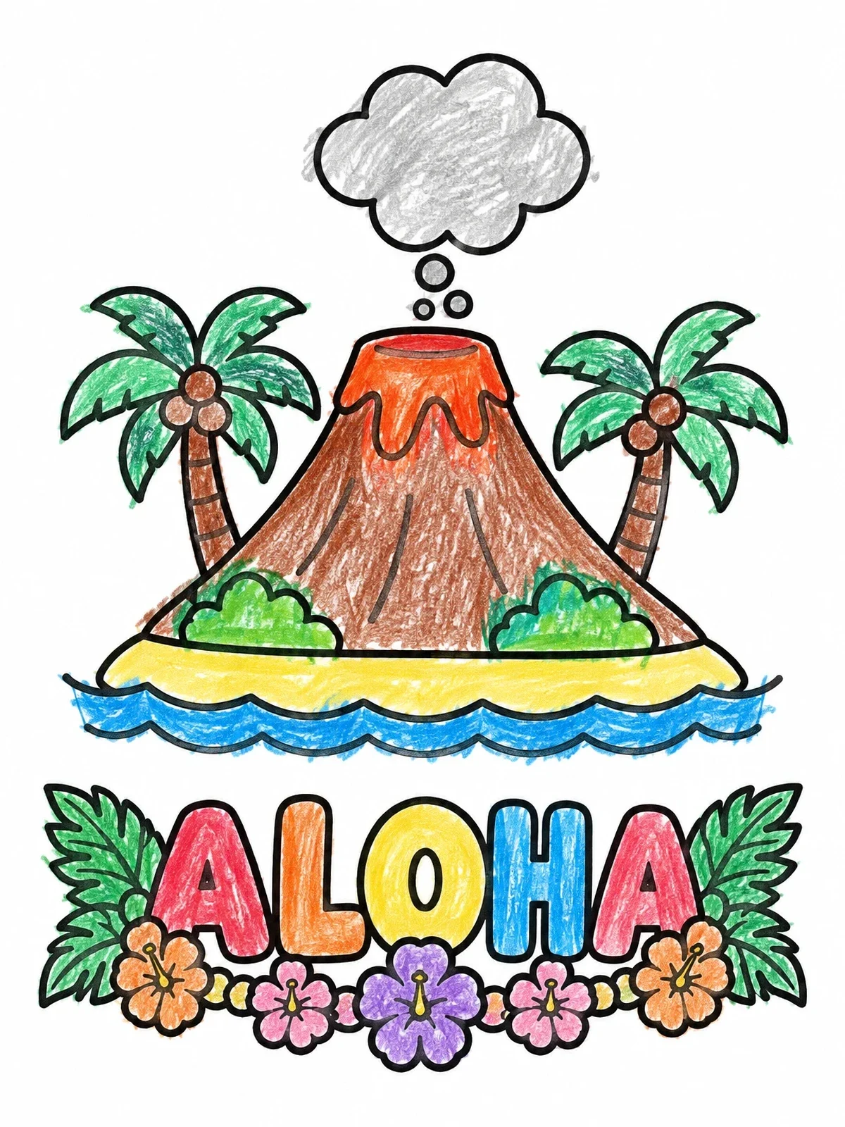 Colored example of the Aloha Island And Tropical Volcano coloring page