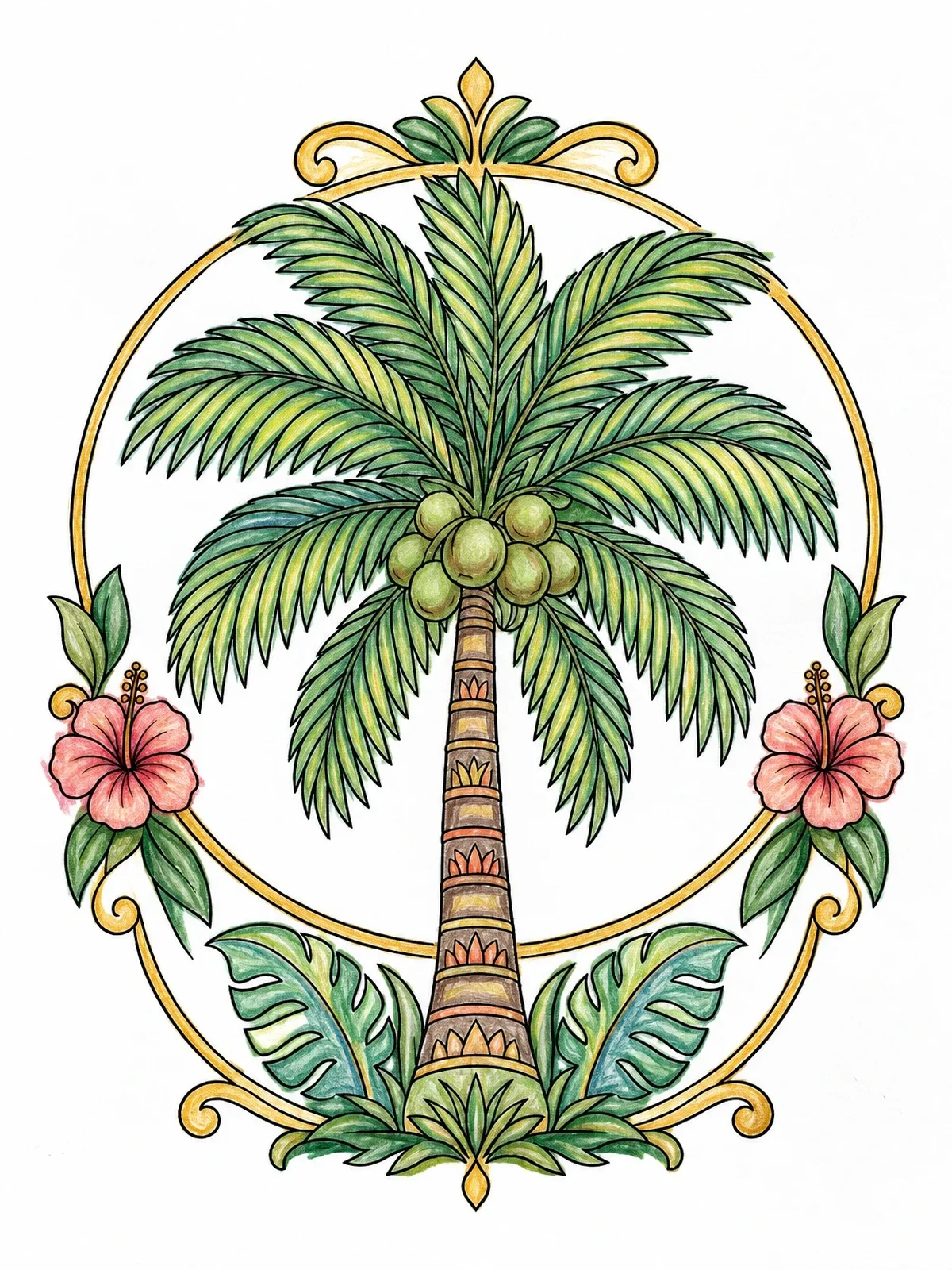 Colored example of the Ornate Tropical Coconut Palm coloring page