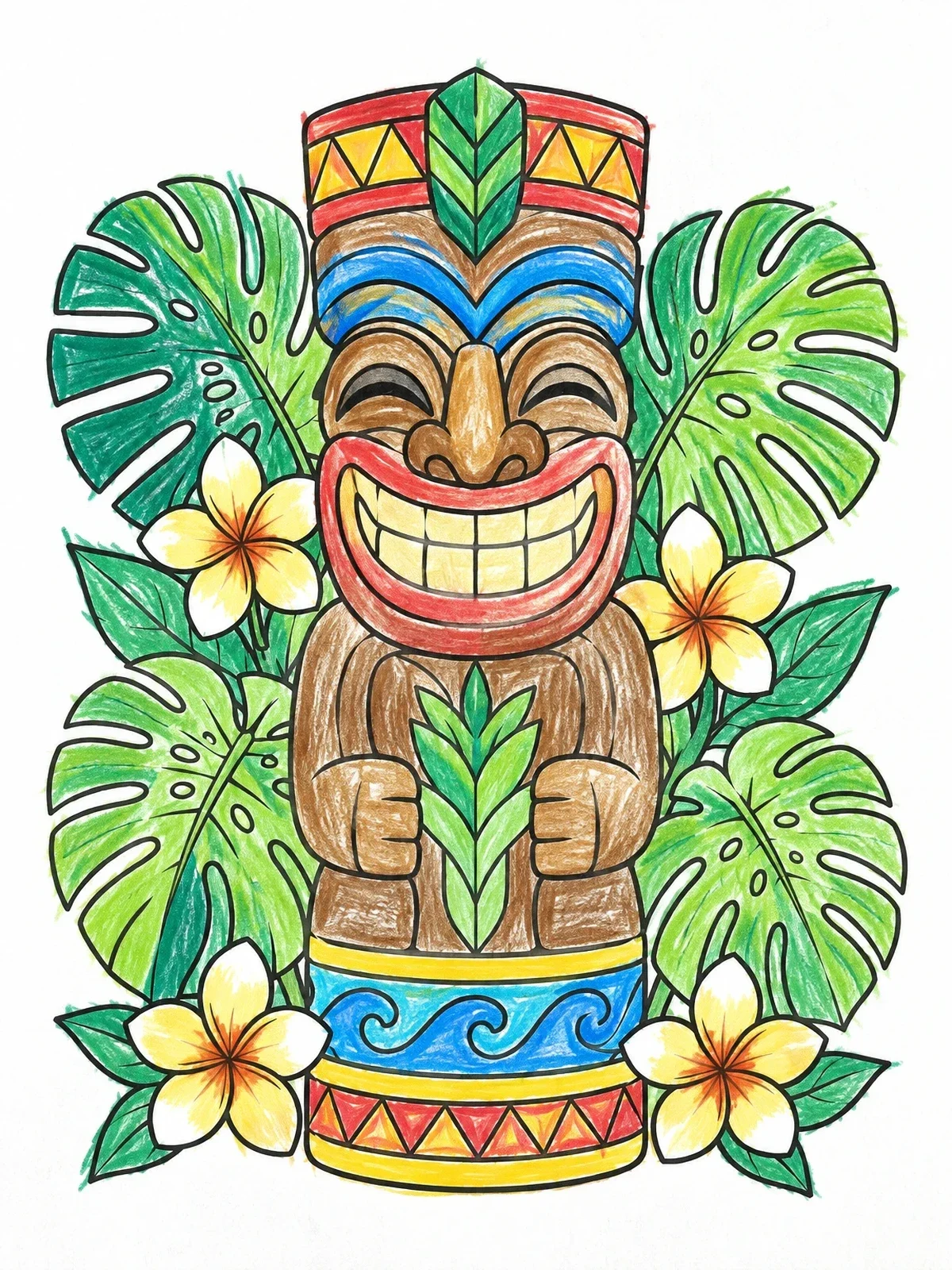 Colored example of the Smiling Tiki Statue With Tropical Flowers coloring page