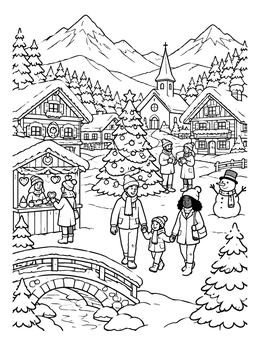 Free printable Alpine Christmas Village Market coloring page